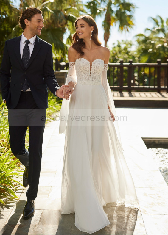 Sweetheart Neck Ivory Lace Chiffon Wedding Dress With Detachable Sleeves